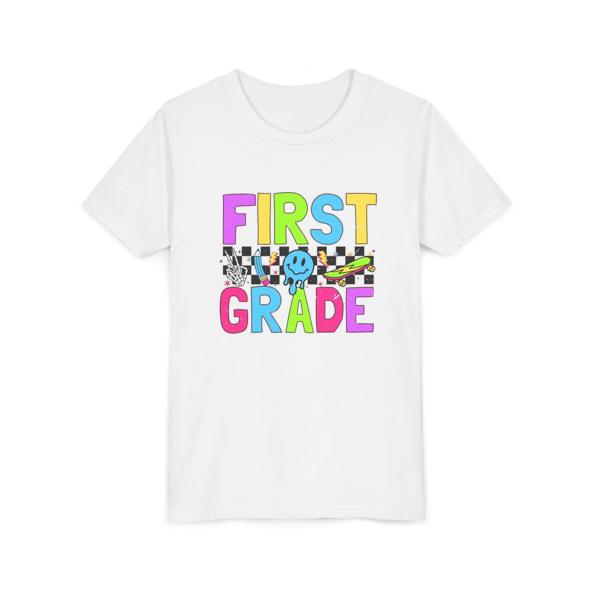 First Grade Youth T‑Shirt — Colorful Checkerboard Smile Back‑to‑School Tee