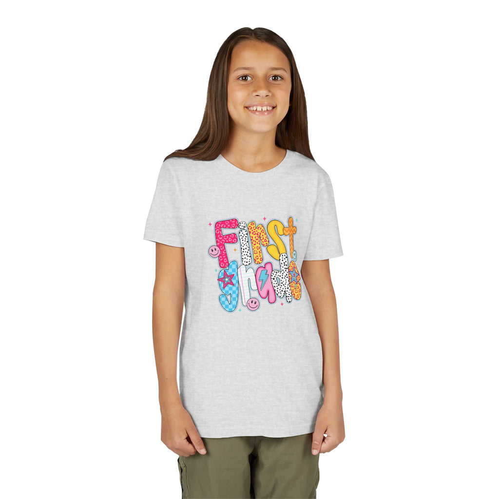 First Grade Youth Tee — Colorful Back-to-School Graphic Shirt