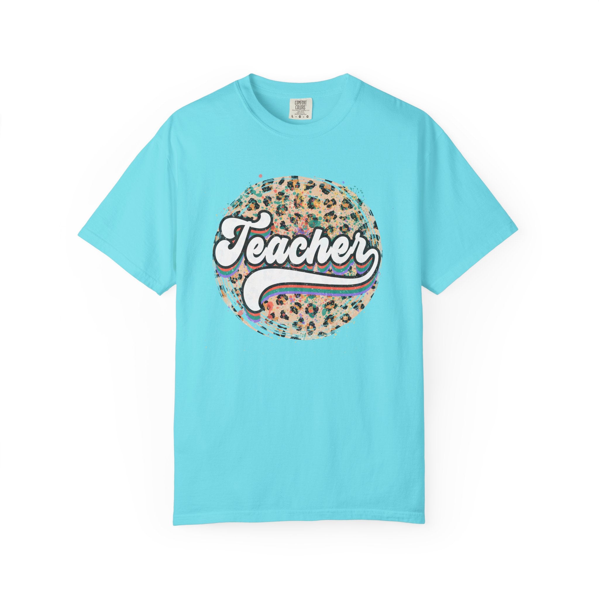 Teacher Leopard Circle T-Shirt — Retro Rainbow Script Tee for Educators